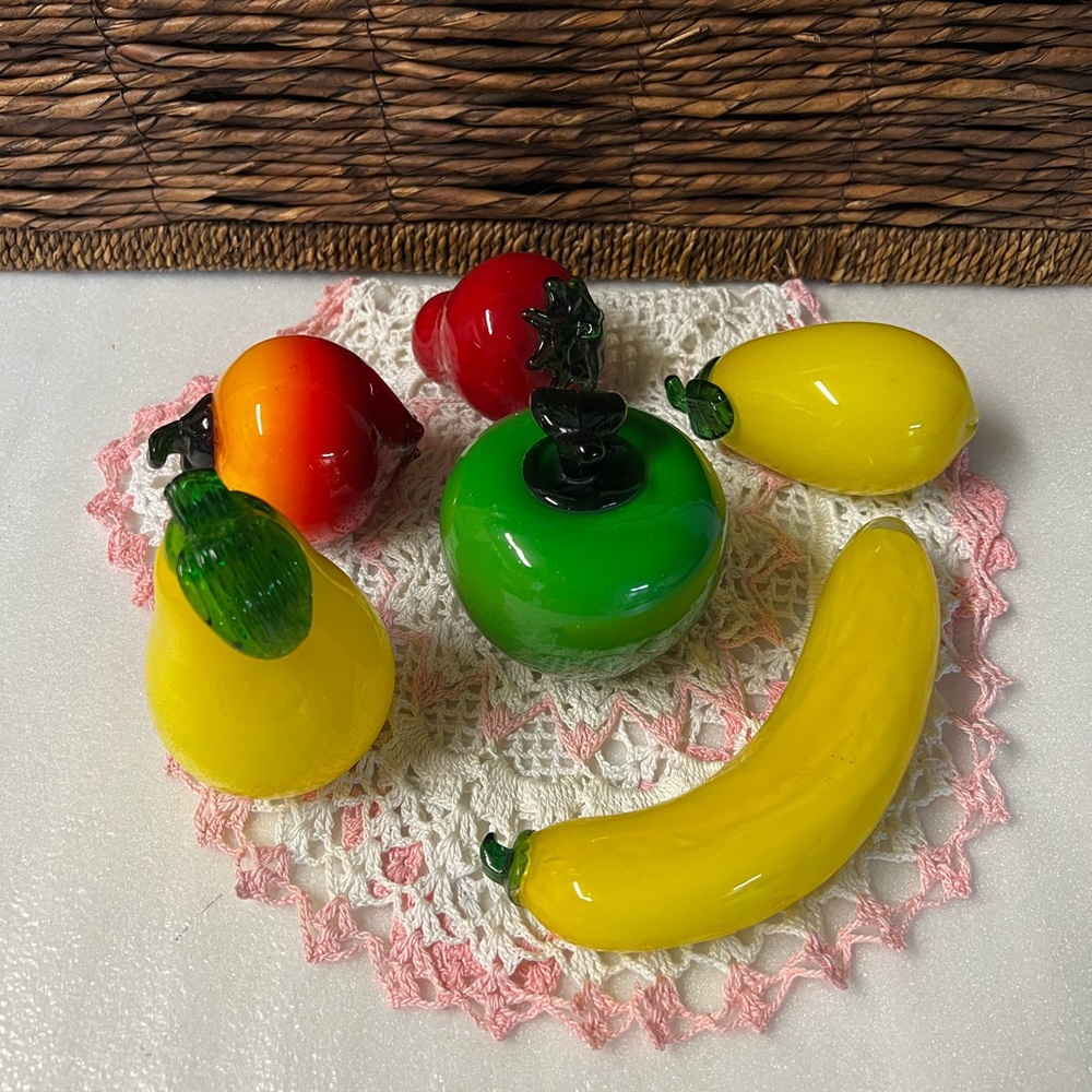 Vintage Mid-Century Murano Style Hand-Blown Art Glass Fruit Set of 6